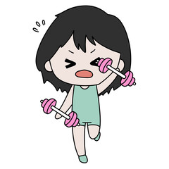 Cartoon girl lifts pink dumbbells with effort