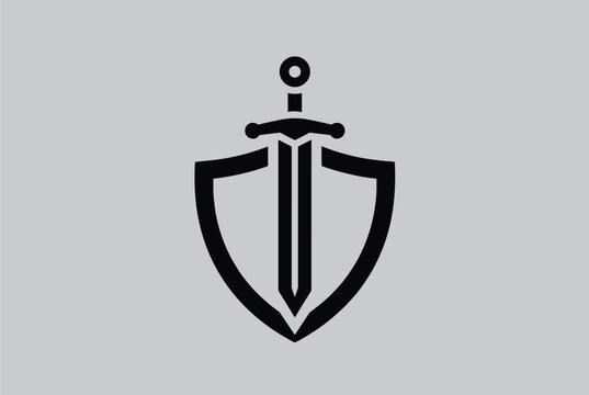 Elegant black icon of a medieval sword positioned in front of a shield on a clean grey background representing protection.