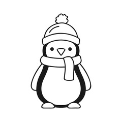 Fototapeta premium Cute penguin wearing winter hat and scarf line art illustration