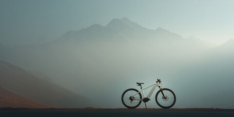 Obraz premium An electric bicycle parked on a road with a majestic mountain range shrouded in mist in the background. The scene evokes a sense of adventure and exploration