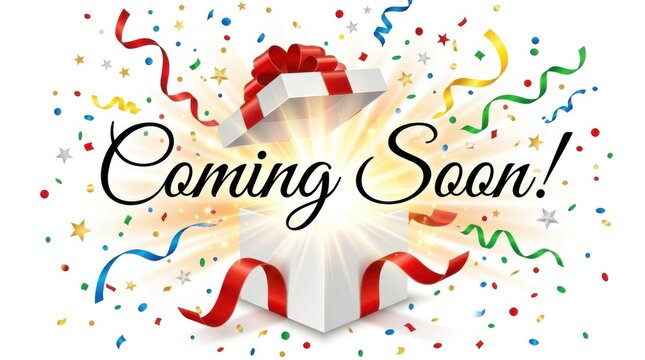Gift box with Coming Soon text and colorful confetti