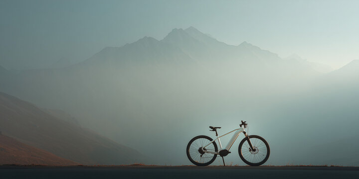 An electric bicycle parked on a road with a majestic mountain range shrouded in mist in the background. The scene evokes a sense of adventure and exploration