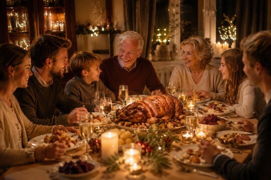 Familie beim festlichen Silvesteressen in Ungarn. Mehrgenerationenrunde genie&szlig;t einen reich gedeckten Tisch bei Kerzenschein, W&auml;rme, Gemeinschaft und feierlicher Jahreswechsel-Stimmung.