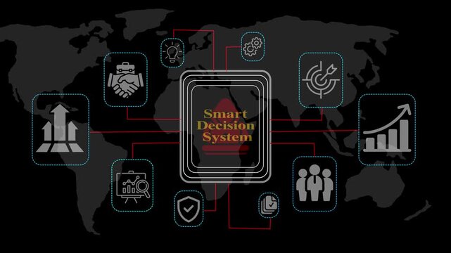 Smart decision system infographic with global business and data analytics