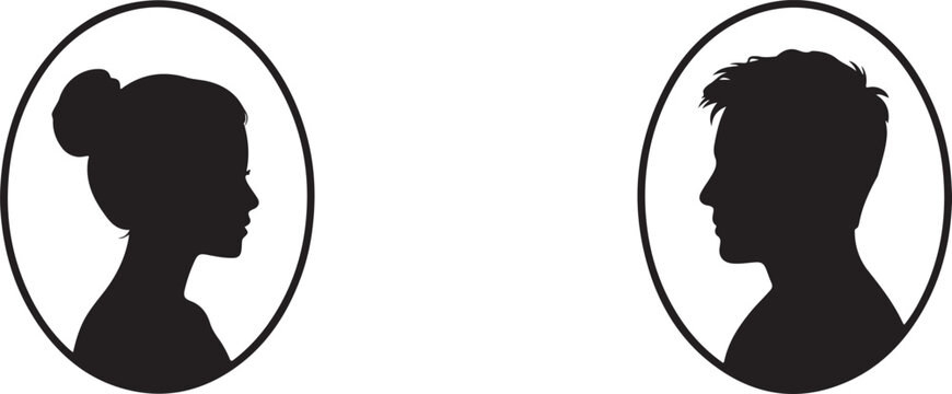 Black silhouettes of a man and a woman in oval frames facing right