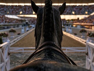 Fototapeta premium First-person view from a dressage horse towards an equestrian arena during an international competition at sunset, with a full stadium, sporting atmosphere and maximum concentration.