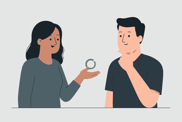Fototapeta premium Young woman showing a beautiful ring to a man who is thinking about a marriage proposal or romantic commitment.
