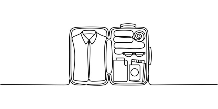 Continuous One Line Drawing of Open Suitcase with Folded Clothes and Travel Items Vector Illustration