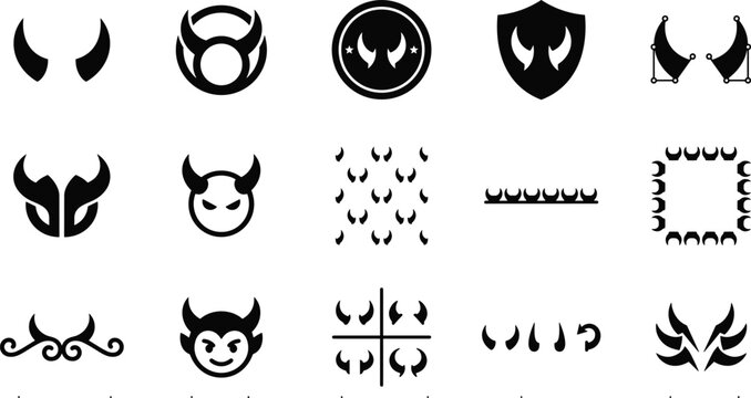 Collection of black devil horn icons and shapes for graphic design projects