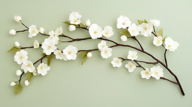 Overhead view of delicate white blossoms on a branch against a sage green background.