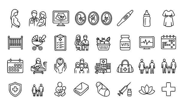 Prenatal Care and Pregnancy Medical Outline Icons Collection with Motherhood Baby Health Editable Stroke Vector Illustration