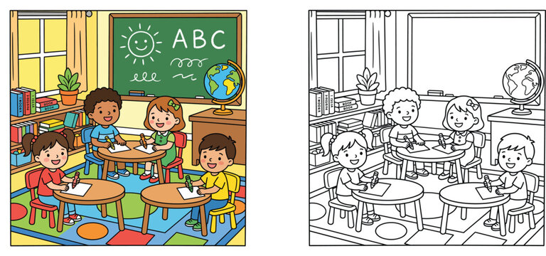 Coloring page with colored sample of happy children sitting at tables and drawing in a kindergarten classroom vector illustration