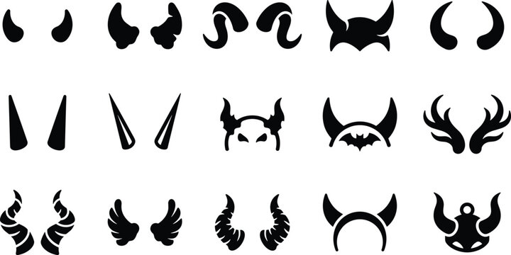 Set of black devil horns and animal horn icons for costume party or halloween design elements