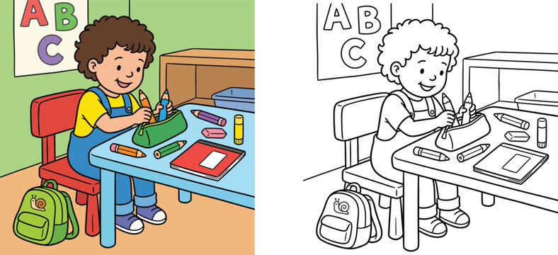 Cute school boy sitting at desk and putting pencils in pencil case, classroom coloring page book template with colored version, kids education vector illustration.