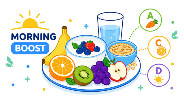 Bright sun rises over a colorful breakfast plate. Fresh fruit, oats, and water fuel a healthy start. Vibrant berries, grapes, and kiwi add natural sweetness