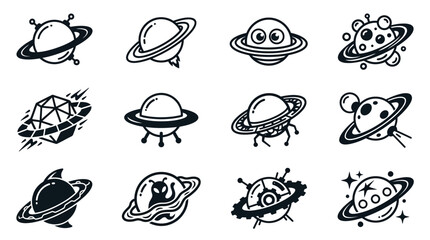 Corporate Space Themed Icons Black and White Line Art Illustrations of Planets UFOs Satellites and Astronauts © Mukri