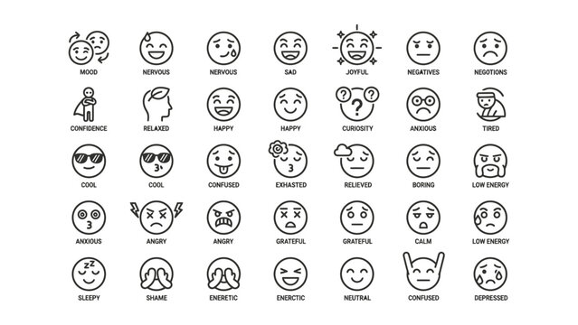 Collection of various emoticon faces with different emotional expressions and labels