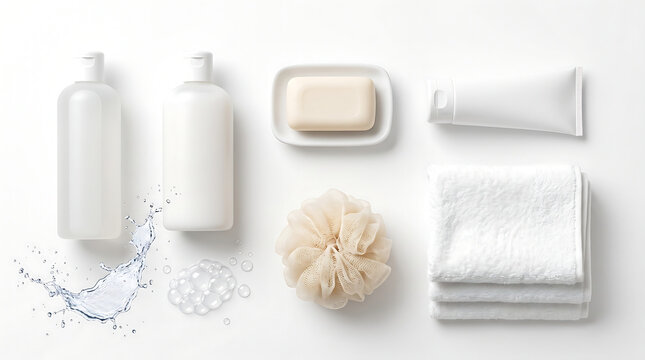 Minimalist Bath and Body Care Essentials Kit with White Toiletries and Bathing Accessories on a Clean Background