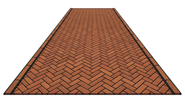 Perspective view of a red brick path with a herringbone pattern