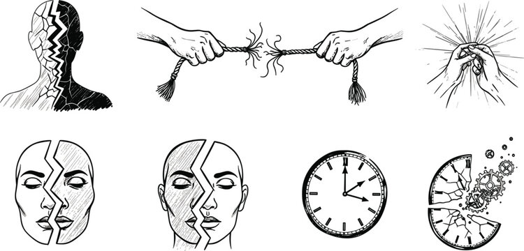 Mental Health and Stress Vector Illustration Set with Broken Head Silhouettes Fraying Rope Exploding Mind and Clock Symbols for Psychology and Burnout Concepts