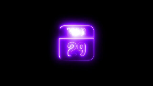 Neon calendar date march 29 glowing purple sign animation