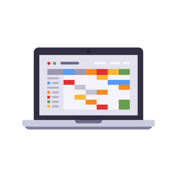 Laptop with spreadsheet interface, wide screen, keyboard base, colored cells, and grid table, portable computer for office planning and business data design, colorful illustration