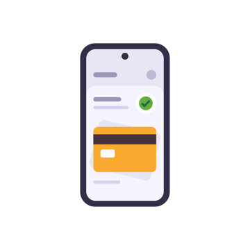 Smartphone payment app with card panel, check mark badge, text fields, and mobile interface, financial transaction screen for digital banking design, colorful illustration
