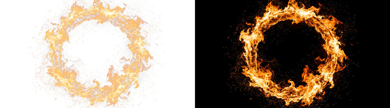 Dynamic circular fire ring burning intensely on black and white backgrounds