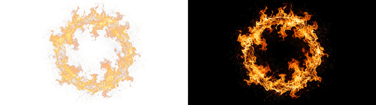 Fiery burning ring of flames isolated on black and white backgrounds