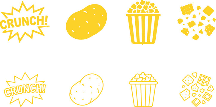 Set of snack food icons including potato chips and popcorn bucket