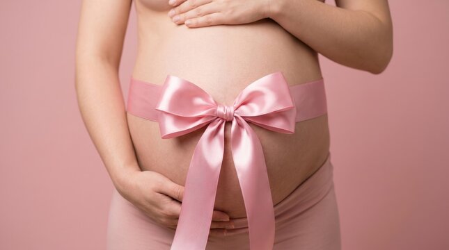 A pregnant woman with a pink ribbon bow on her belly. Concept for maternity, motherhood, and celebration, ideal for use in family, health, and wellness contexts. Generative AI