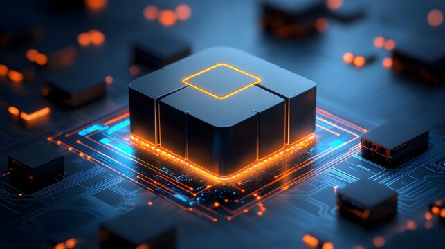 Futuristic glowing microchip on a circuit board