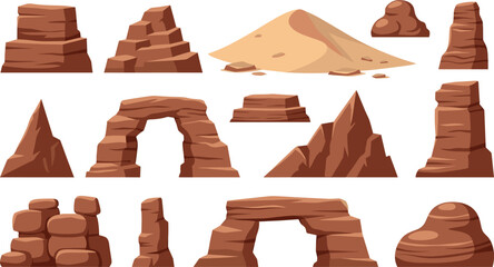 Desert Rock Formation Vector Set with Red Canyon Arches Sand Dunes Pillars and Boulder Cliff Elements for Wild West Game Landscape Designs © Rashidul