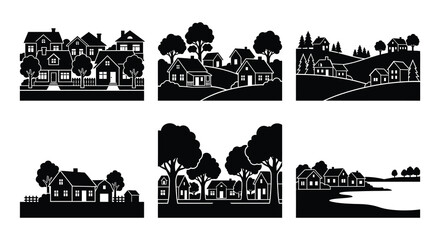 Obraz premium Black Silhouette Townscapes With Trees And Buildings Vector Illustration
