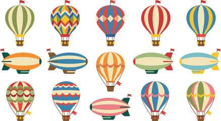 Vintage Hot Air Balloon Icon Set with Retro Blimp Airship Aircraft Symbols for Children Nursery Wallpaper Travel Branding and Festival Graphic Designs © Rashidul