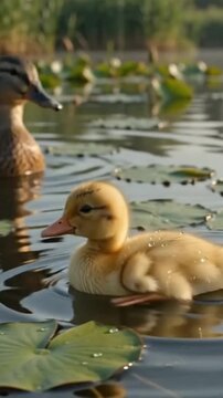 Duckling swimming in pond among lily pads with mother duck nearby  