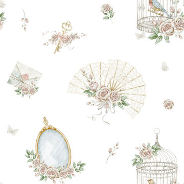 Seamless watercolor pattern with mirrors, fans, flowers, perfume accessories and romantic decorative elements. Vintage illustration for wrapping paper, scrapbooking, wallpaper in pastel colors.