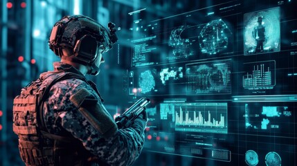 Fototapeta premium Soldier reviewing tactical data on futuristic holographic display.
