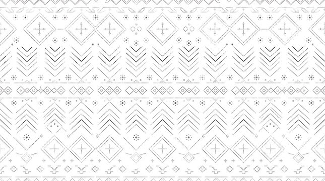 Minimalist mudcloth style tribal geometric seamless pattern vector illustration, rustic black and white ethnic chevron line ornament texture for boho fabric textile.