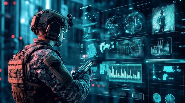 Soldier reviewing tactical data on futuristic holographic display.