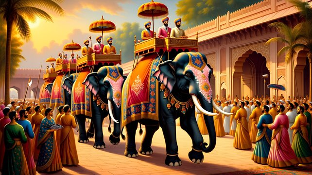 Indian mughal emperors procession riding decorated elephants