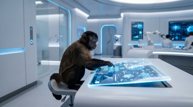 A monkey uses advanced holographic technology in a high-tech laboratory setting. Concept innovation, technology, research, futuristic science images for educational and commercial use. Generative AI