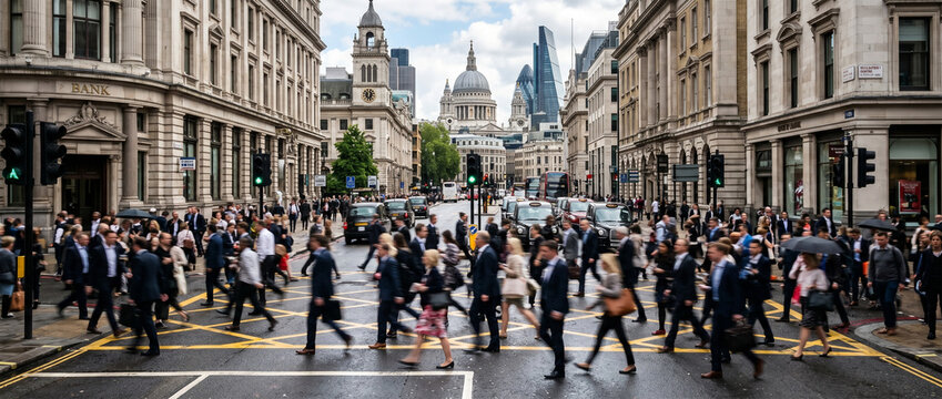 Busy street crossing in London with many professional people walking in the city