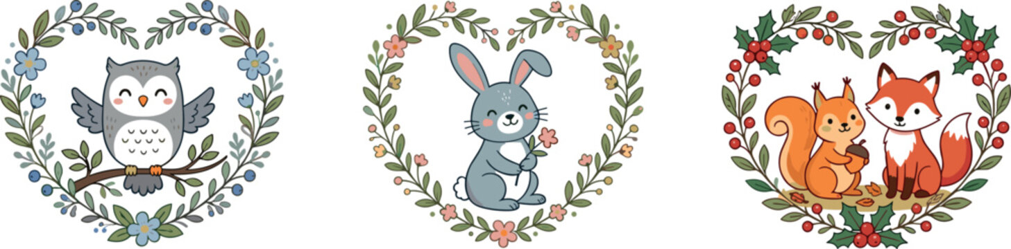 Adorable forest wildlife stickers collection with smiling baby animals holding flowers and acorns inside romantic botanical frames for kids nursery design vector