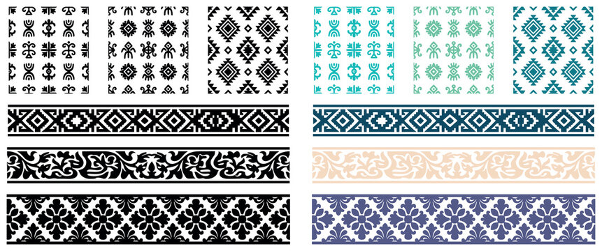 Geometric pattern tiles and linear border designs in ethnic and tribal style set group.