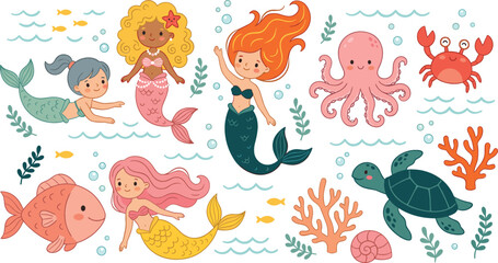 Cute magical mermaids and underwater sea life collection with octopus, coral reef, and bubbles isolated on white background flat vector illustration design. © MdSaddam