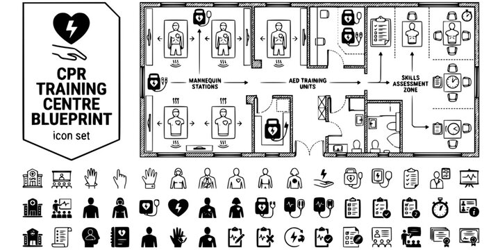CPR Training Centre Blueprint Black White-Mannequin Station AED Zone Assess-Training Design Vector-Centre Icon Blueprint-CPR Design Set
