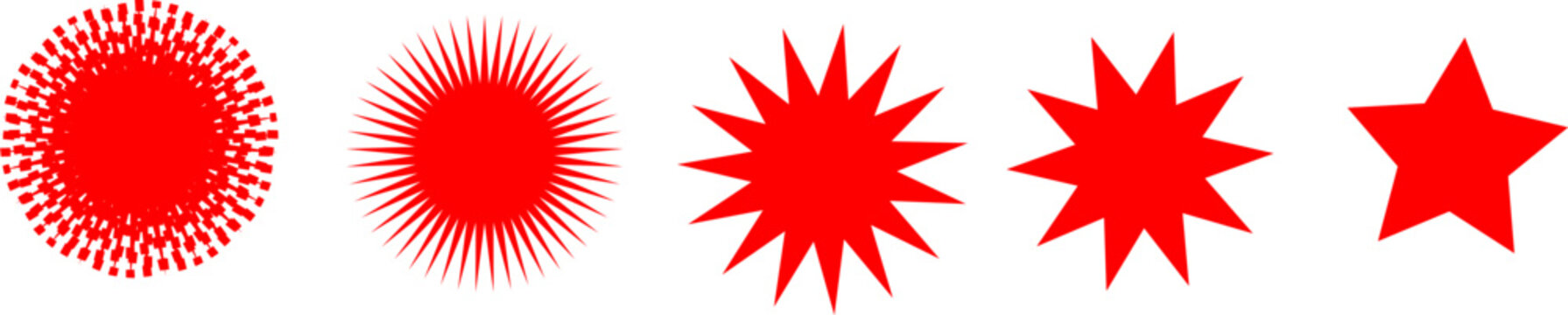 Red starburst variations circular spike designs progressing to a classic five pointed star graphic