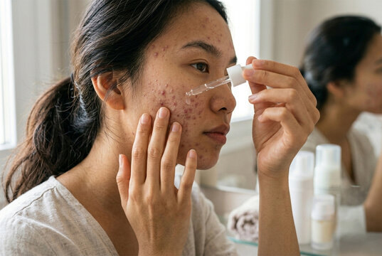 Young Asian woman with acne problem applying serum to her face for skin treatment.