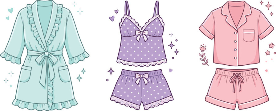 Adorable pastel color nightwear collection with cozy robe cami shorts and buttoned shirt sleep suit for female lingerie fashion boutique branding vector illustration